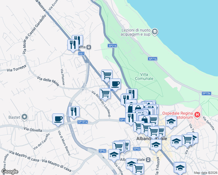map of restaurants, bars, coffee shops, grocery stores, and more near 23 Via Appia Nuova in Albano Laziale