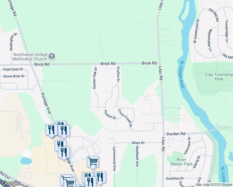 map of restaurants, bars, coffee shops, grocery stores, and more near 4340 Foxfire Drive in South Bend