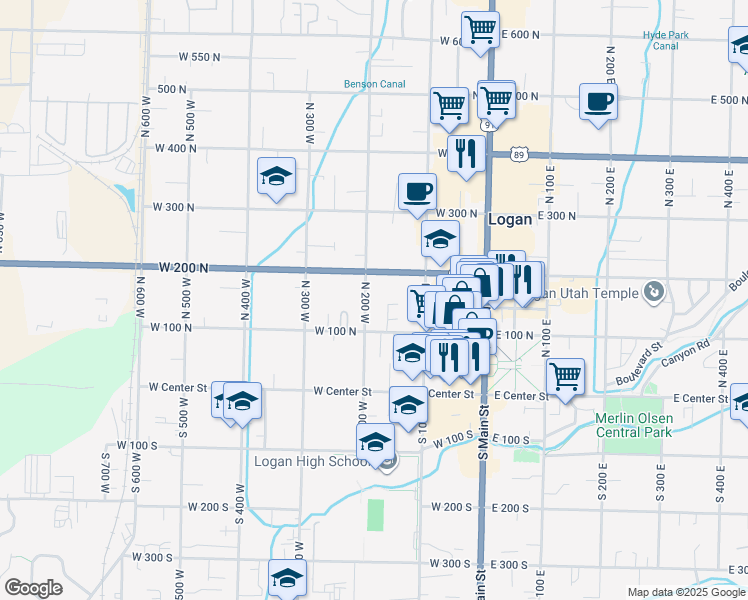 map of restaurants, bars, coffee shops, grocery stores, and more near 158 North 200 West in Logan