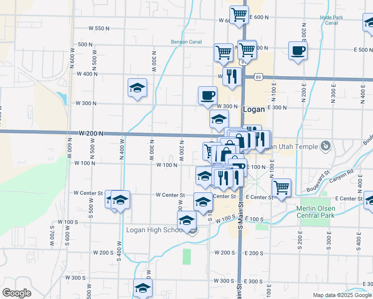 map of restaurants, bars, coffee shops, grocery stores, and more near 158 North 200 West in Logan