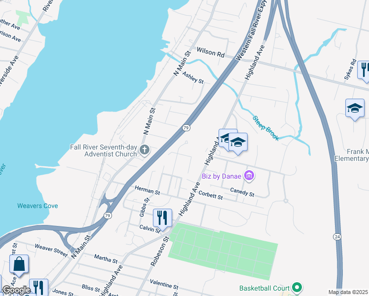 map of restaurants, bars, coffee shops, grocery stores, and more near 483 Quincy Street in Fall River