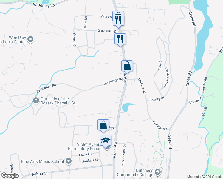 map of restaurants, bars, coffee shops, grocery stores, and more near 15 Miller Place in Poughkeepsie
