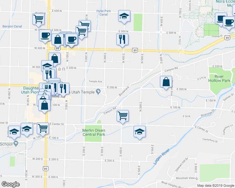 map of restaurants, bars, coffee shops, grocery stores, and more near 379 Boulevard in Logan