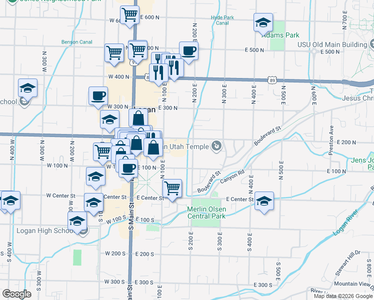 map of restaurants, bars, coffee shops, grocery stores, and more near 181 North 200 East in Logan