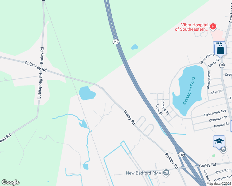 map of restaurants, bars, coffee shops, grocery stores, and more near 1573 Braley Road in New Bedford
