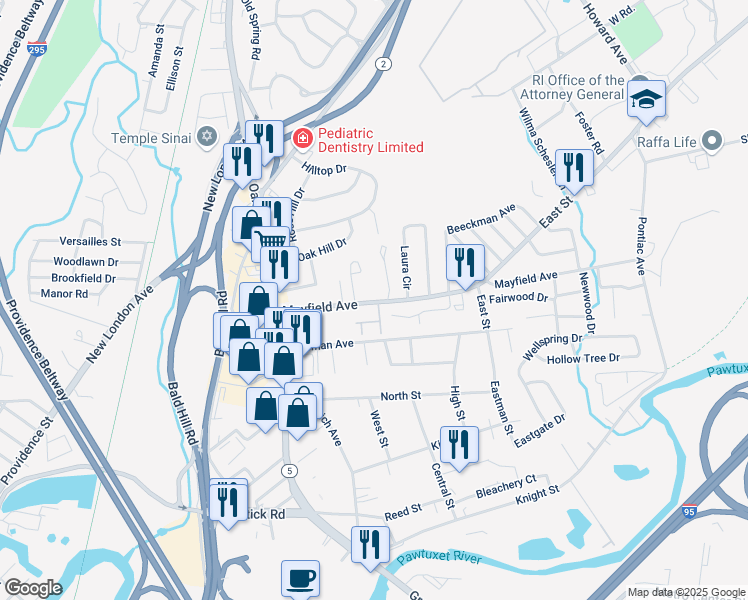 map of restaurants, bars, coffee shops, grocery stores, and more near 251 Mayfield Avenue in Cranston