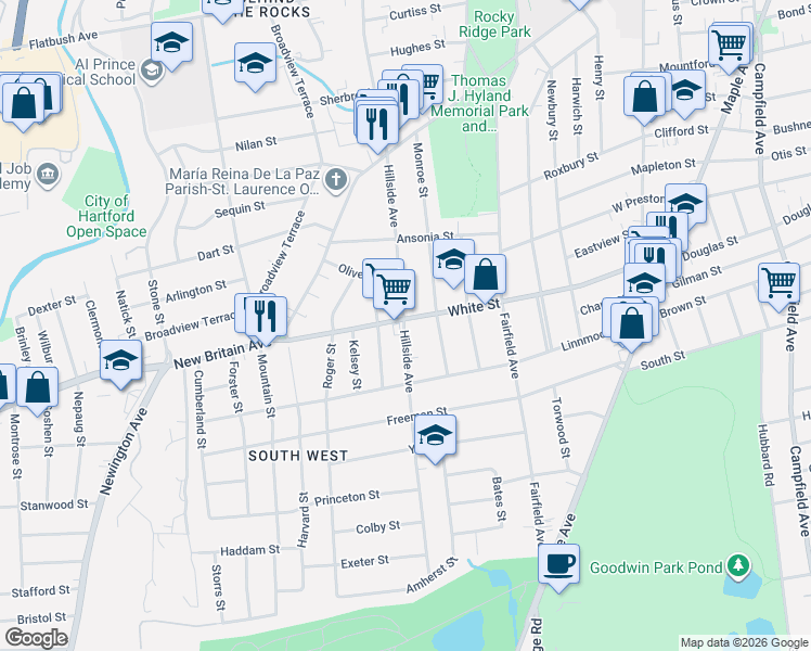 map of restaurants, bars, coffee shops, grocery stores, and more near 221 White Street in Hartford