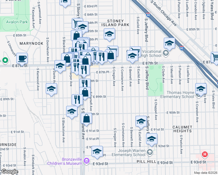 map of restaurants, bars, coffee shops, grocery stores, and more near 8820 South Ridgeland Avenue in Chicago