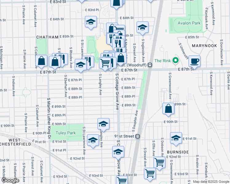 map of restaurants, bars, coffee shops, grocery stores, and more near 8813 South Cottage Grove Avenue in Chicago