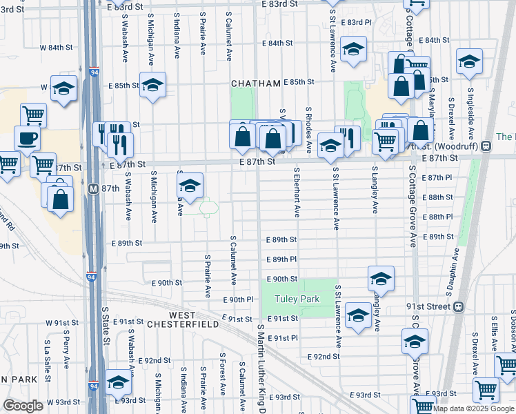 map of restaurants, bars, coffee shops, grocery stores, and more near 367 East 88th Street in Chicago