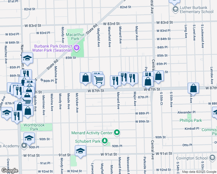 map of restaurants, bars, coffee shops, grocery stores, and more near 5830 West 87th Street in Burbank
