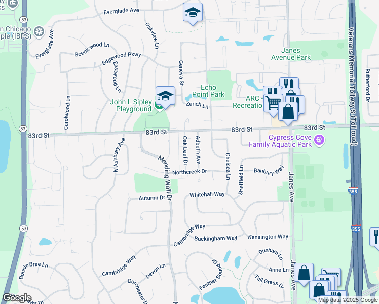map of restaurants, bars, coffee shops, grocery stores, and more near 8320 Adbeth Avenue in Woodridge