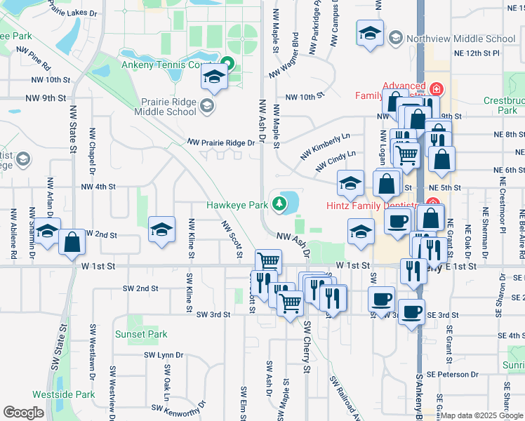 map of restaurants, bars, coffee shops, grocery stores, and more near 430 Northwest Ash Drive in Ankeny