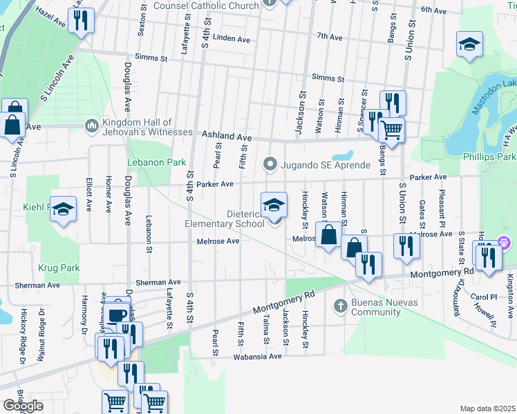 map of restaurants, bars, coffee shops, grocery stores, and more near 1129 Talma Street in Aurora