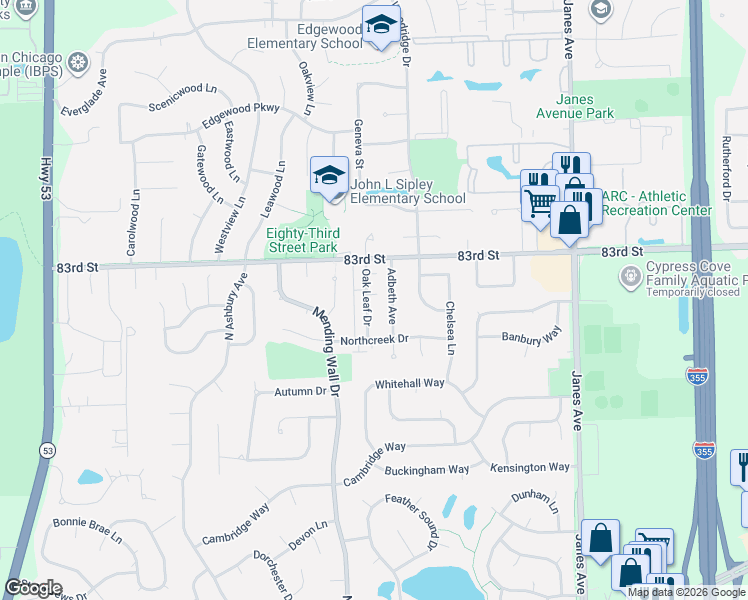 map of restaurants, bars, coffee shops, grocery stores, and more near 2710 Northcreek Drive in Woodridge