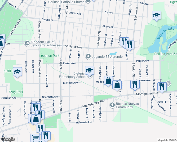 map of restaurants, bars, coffee shops, grocery stores, and more near 1130 Talma Street in Aurora