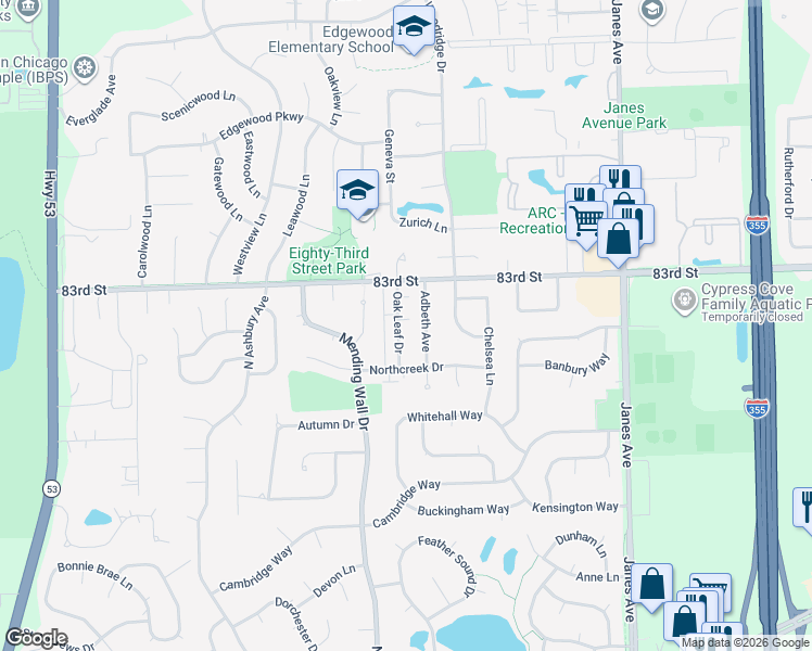 map of restaurants, bars, coffee shops, grocery stores, and more near 8300 Oak Leaf Drive in Woodridge