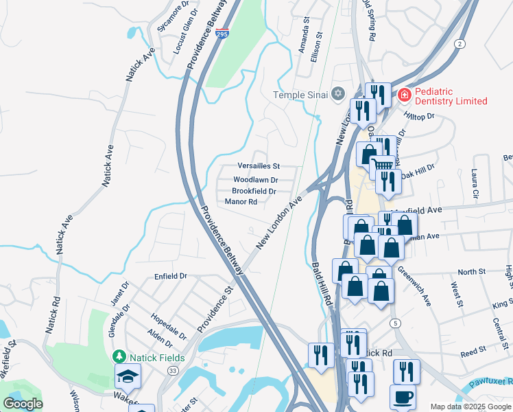 map of restaurants, bars, coffee shops, grocery stores, and more near 14 Manor Rd in Cranston