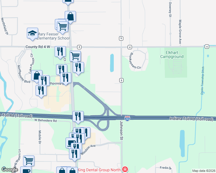 map of restaurants, bars, coffee shops, grocery stores, and more near 26103 Rogers Road in Elkhart