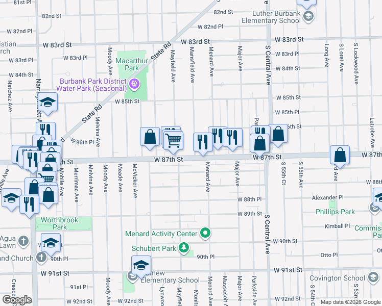 map of restaurants, bars, coffee shops, grocery stores, and more near 5830 West 87th Street in Burbank