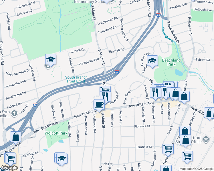 map of restaurants, bars, coffee shops, grocery stores, and more near 3 Winthrop Road in West Hartford