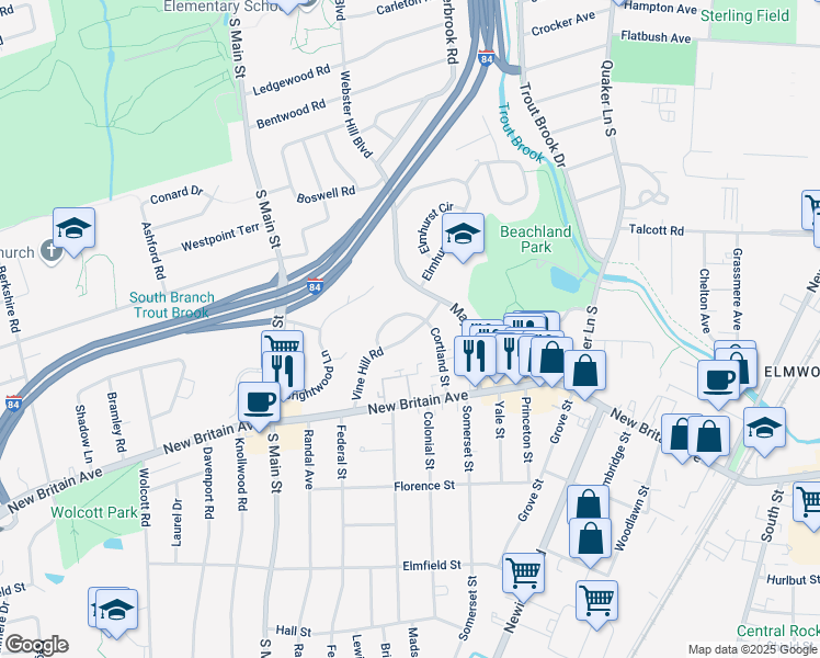 map of restaurants, bars, coffee shops, grocery stores, and more near 89 Vine Hill Road in West Hartford
