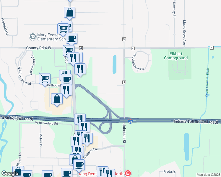 map of restaurants, bars, coffee shops, grocery stores, and more near 26103 Rogers Road in Elkhart