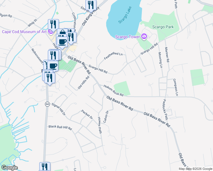 map of restaurants, bars, coffee shops, grocery stores, and more near 6 Hokum Rock Road in Dennis