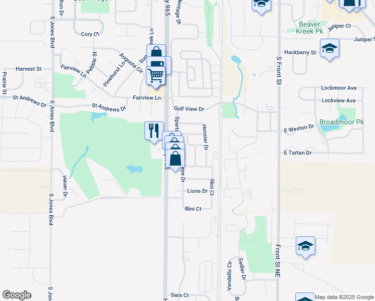 map of restaurants, bars, coffee shops, grocery stores, and more near 150 Hawkeye Drive in North Liberty