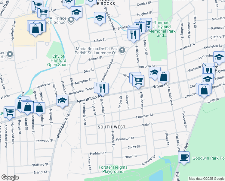 map of restaurants, bars, coffee shops, grocery stores, and more near 603 New Britain Avenue in Hartford