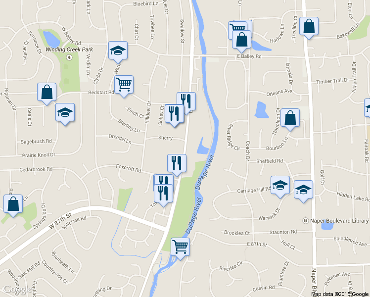 map of restaurants, bars, coffee shops, grocery stores, and more near 1839 South Washington Street in Naperville