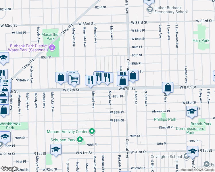 map of restaurants, bars, coffee shops, grocery stores, and more near 5728 West 87th Street in Burbank