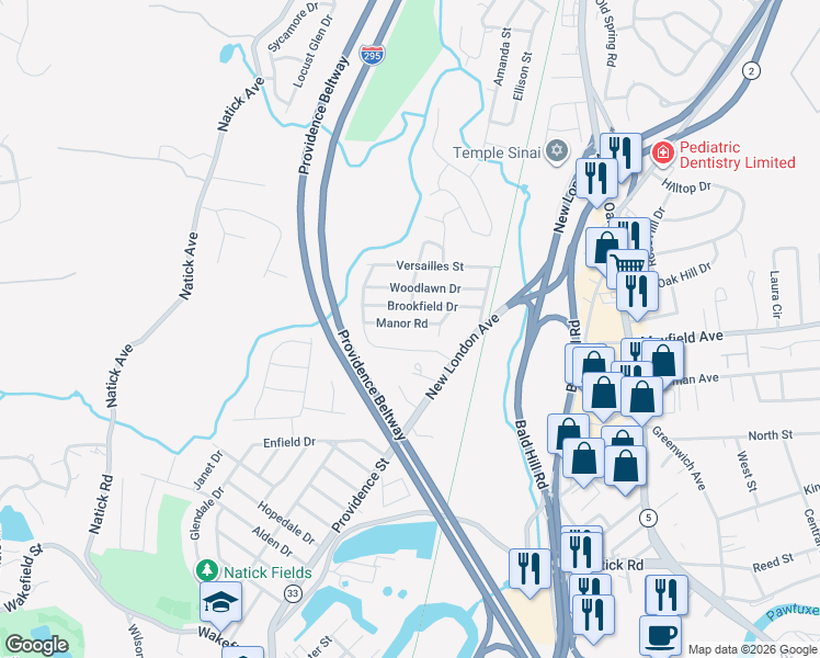 map of restaurants, bars, coffee shops, grocery stores, and more near 14 Manor Road in Cranston