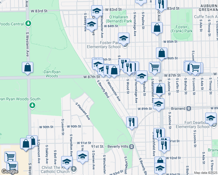 map of restaurants, bars, coffee shops, grocery stores, and more near 8738 South Winchester Avenue in Chicago