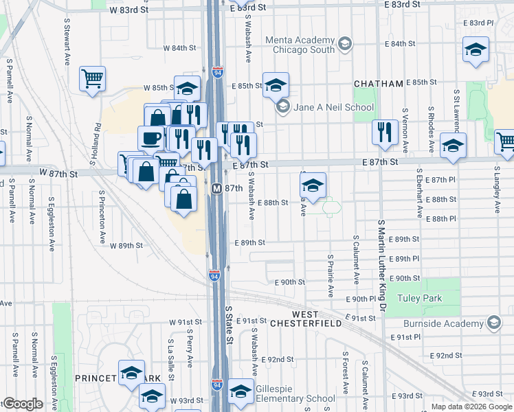 map of restaurants, bars, coffee shops, grocery stores, and more near 8801 South Wabash Avenue in Chicago