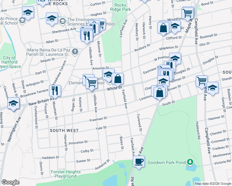 map of restaurants, bars, coffee shops, grocery stores, and more near 235 Fairfield Avenue in Hartford