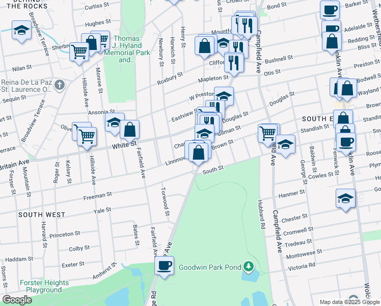 map of restaurants, bars, coffee shops, grocery stores, and more near 26 Linnmoore Street in Hartford