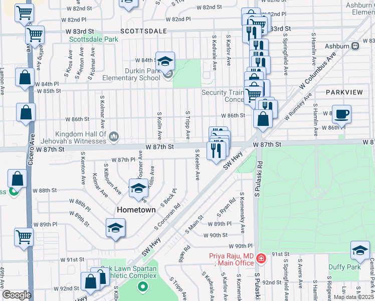 map of restaurants, bars, coffee shops, grocery stores, and more near 4221 West 87th Street in Hometown