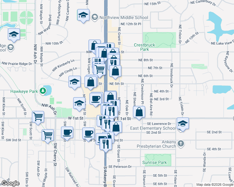 map of restaurants, bars, coffee shops, grocery stores, and more near 314 Northeast Grant Street in Ankeny