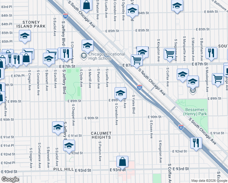map of restaurants, bars, coffee shops, grocery stores, and more near 8828 South Crandon Avenue in Chicago