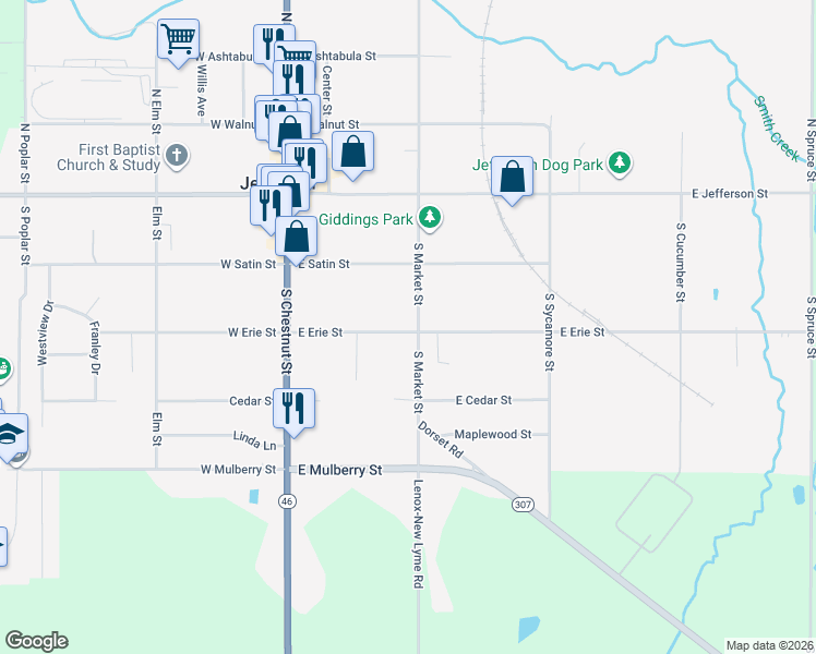 map of restaurants, bars, coffee shops, grocery stores, and more near 147 S Market St in Jefferson