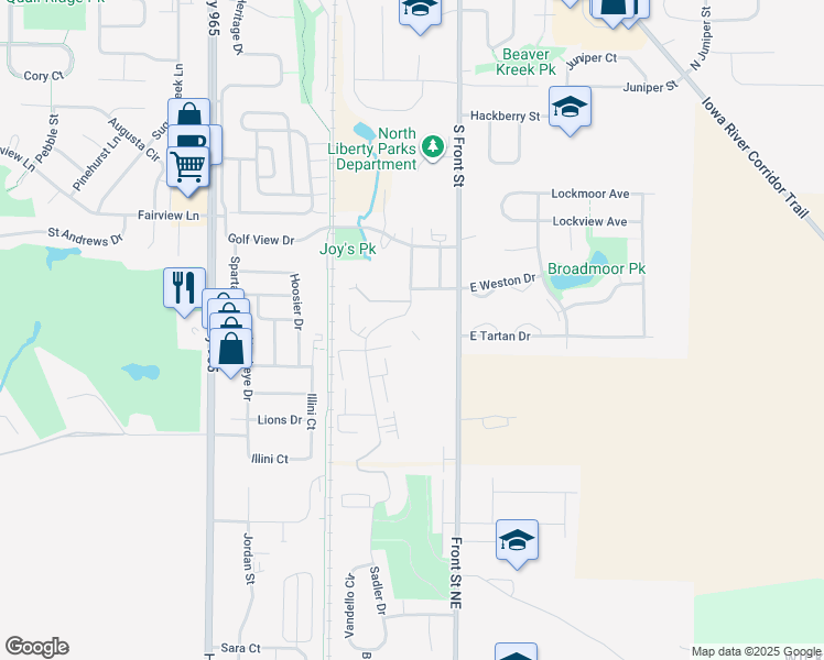 map of restaurants, bars, coffee shops, grocery stores, and more near 750 Rachael Street in North Liberty