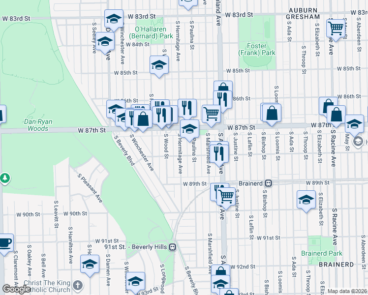 map of restaurants, bars, coffee shops, grocery stores, and more near 8734 South Paulina Street in Chicago