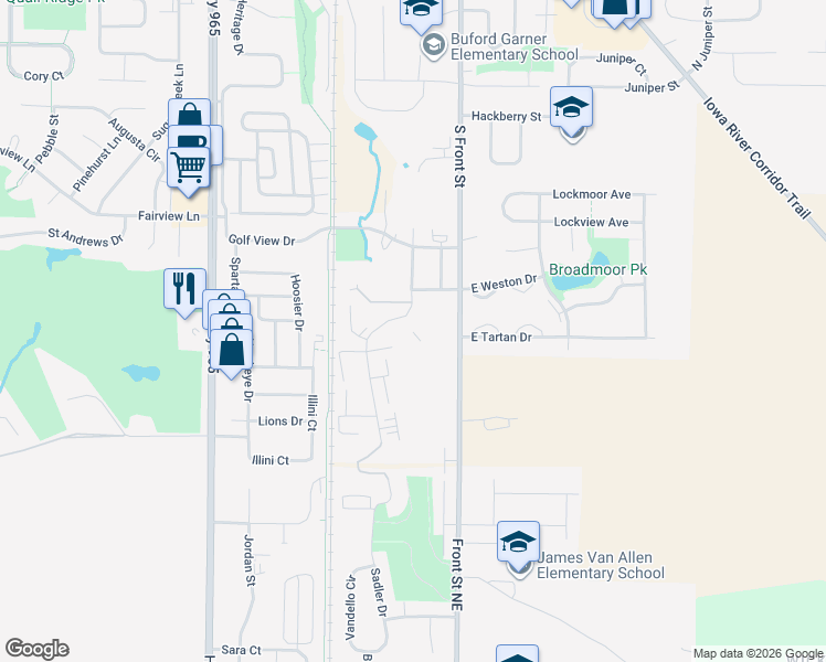 map of restaurants, bars, coffee shops, grocery stores, and more near 750 Rachael Street in North Liberty