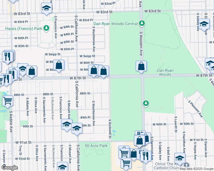 map of restaurants, bars, coffee shops, grocery stores, and more near 8720 South Rockwell Street in Evergreen Park