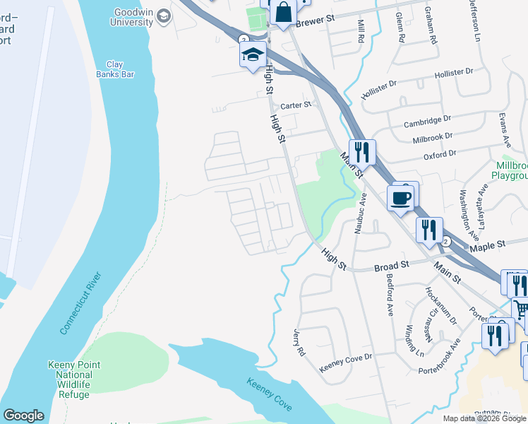 map of restaurants, bars, coffee shops, grocery stores, and more near 46 Arawak Drive in East Hartford