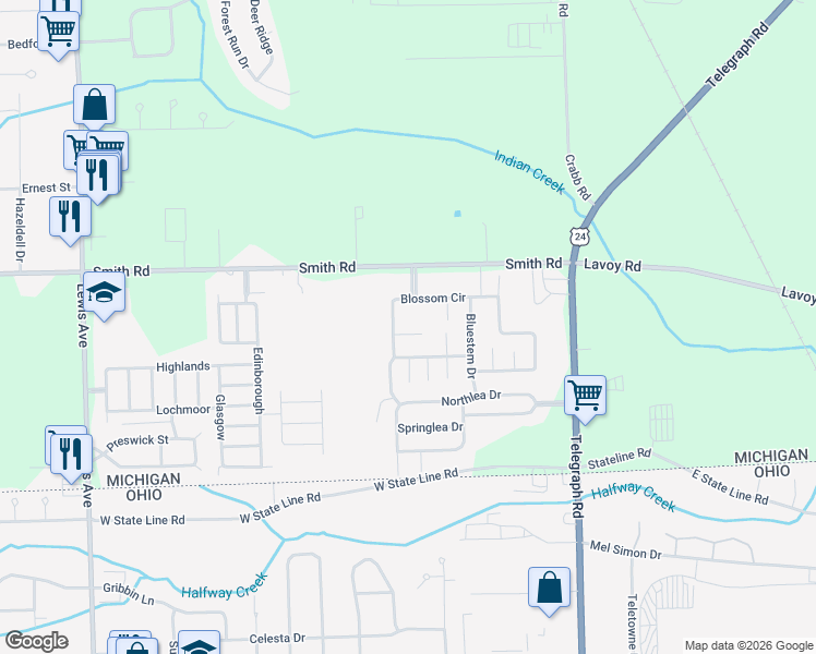 map of restaurants, bars, coffee shops, grocery stores, and more near 481 Smith Road in Temperance