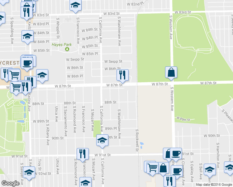 map of restaurants, bars, coffee shops, grocery stores, and more near 8724 South Washtenaw Avenue in Evergreen Park