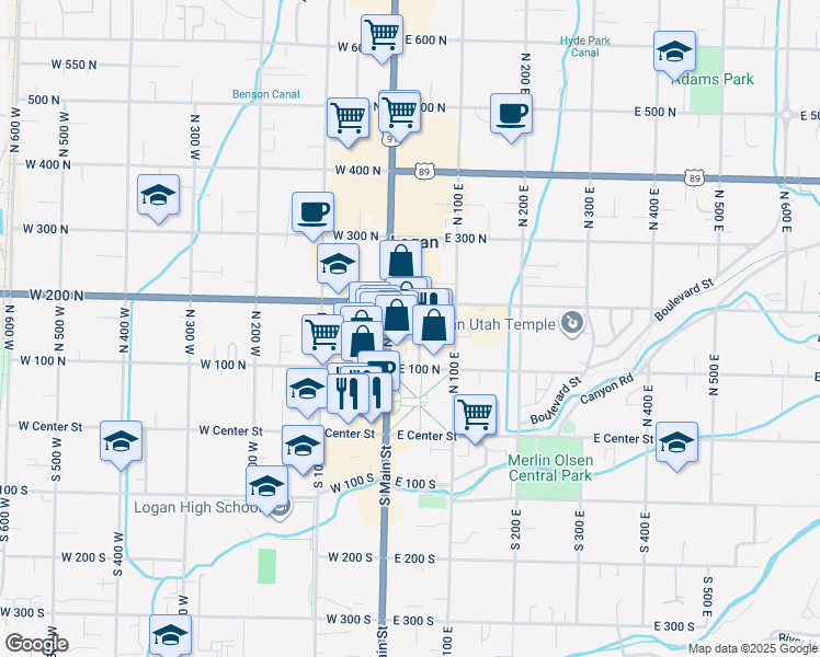 map of restaurants, bars, coffee shops, grocery stores, and more near 25 Federal Avenue in Logan