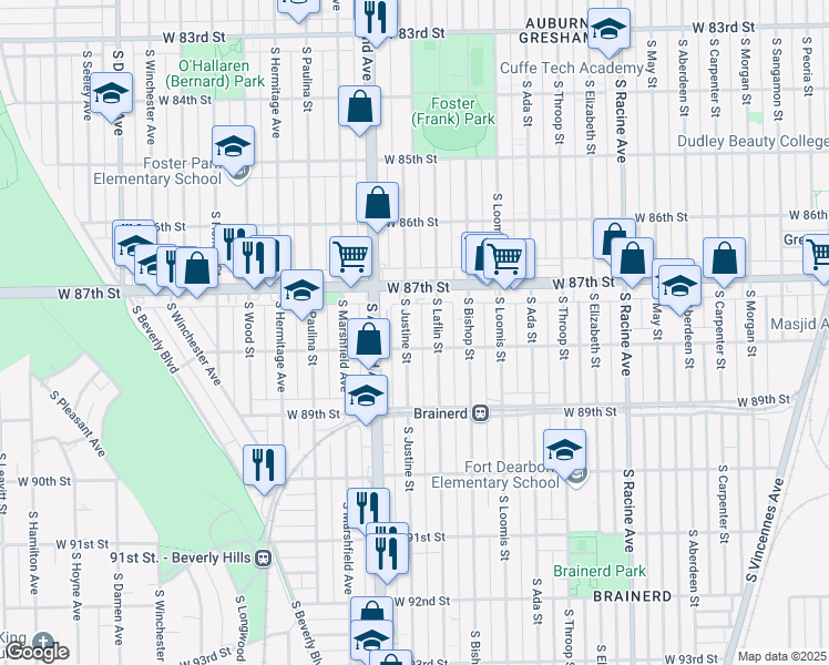 map of restaurants, bars, coffee shops, grocery stores, and more near 8737 South Justine Street in Chicago